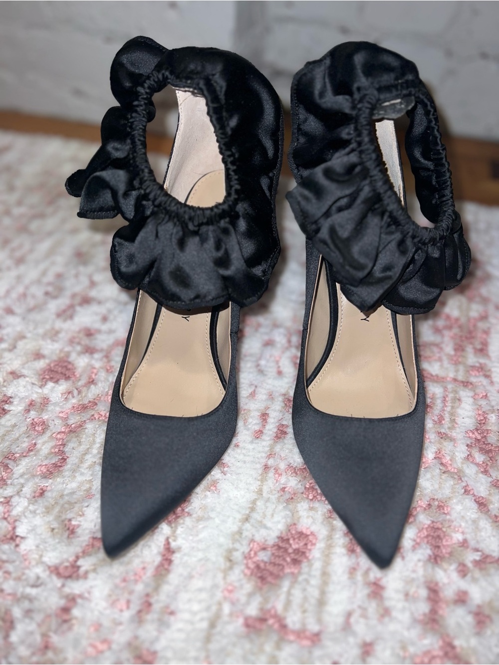 Katy Perry Collections Black Satin Pointed-Toe Pumps with Ruffle Ankle